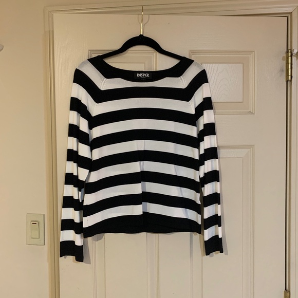 Kasper Petite Black/White Striped Knit Sweater sz L - Picture 1 of 5